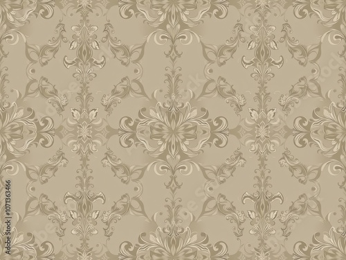 Intricately designed seamless damask wallpaper in neutral tones for elegant interior decor, ornate