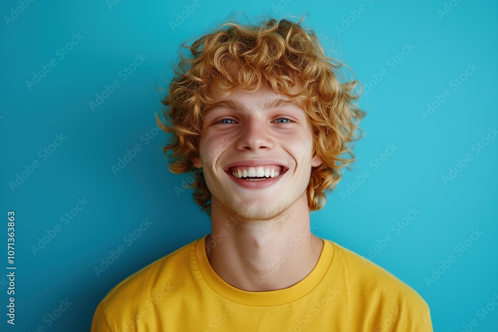 Cheerful Young Man with Curly Hair Smiling Brightly. Generative AI. Cheerful Young Man with Curly Hair Smiling Brightly. Generative AI.