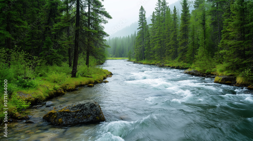 a peaceful river flowing through a dense forest a peaceful river flowing through a dense forest
