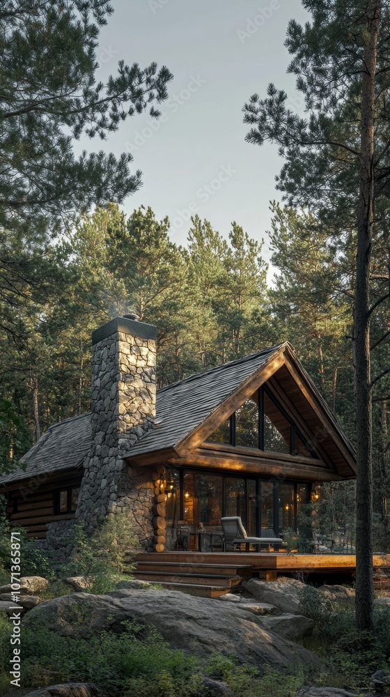 A cozy wooden cabin nestled in a dense forest, with a stone chimney and a wooden deck. A cozy wooden cabin nestled in a dense forest, with a stone chimney and a wooden deck.