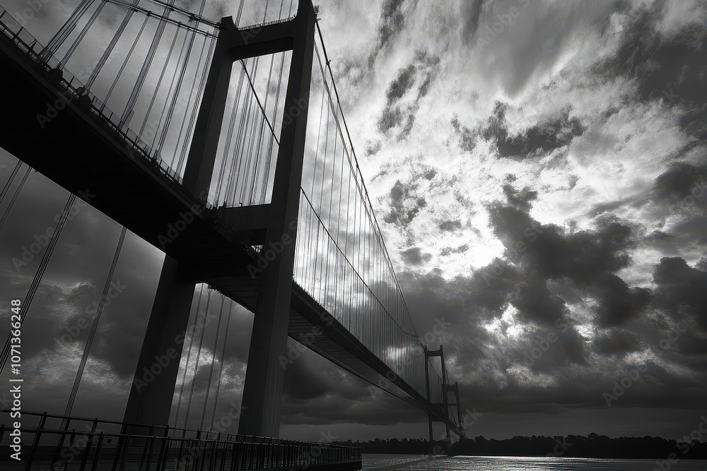 Obraz premium A dramatic black-and-white image of a suspension bridge against a cloudy sky.