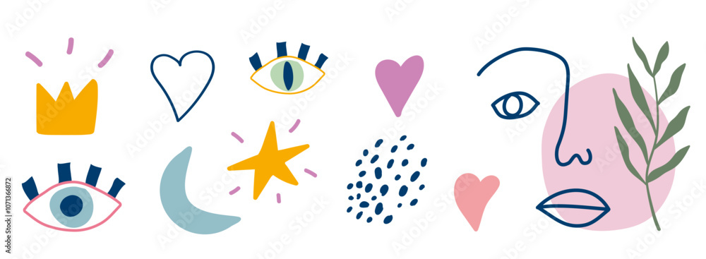 Hand drawn elements. Eyes, hearts, naive for decoration. Set of flat vector illustration eps10 Hand drawn elements. Eyes, hearts, naive for decoration. Set of flat vector illustration eps10