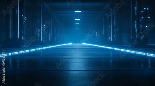 A futuristic corridor illuminated by glowing blue lights, evoking a sci-fi atmosphere with sleek, dark surroundings.