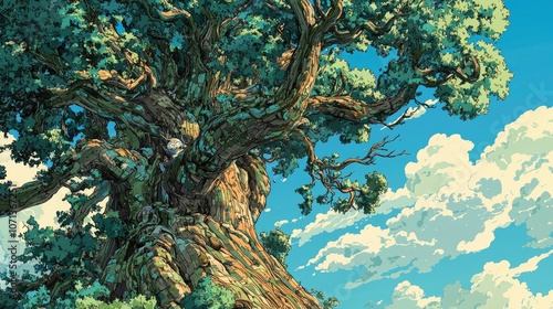 A large oak tree with a blue sky and white clouds in the background.