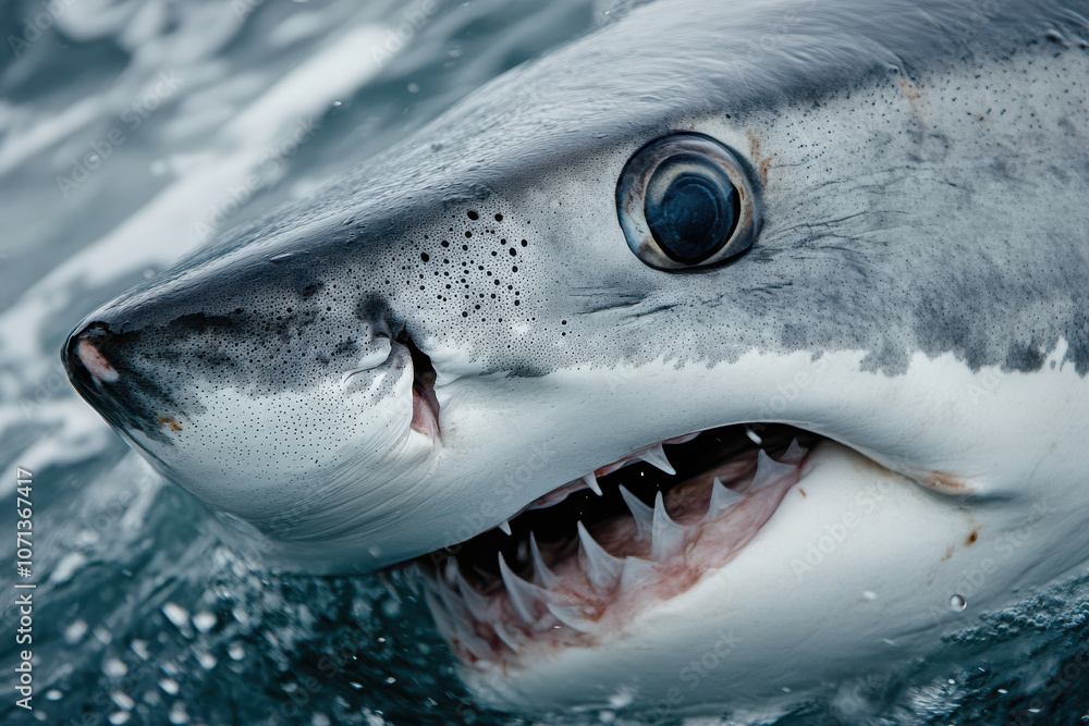 Naklejka premium Close-up of a shark's head emerging from water, showcasing its teeth and eye.