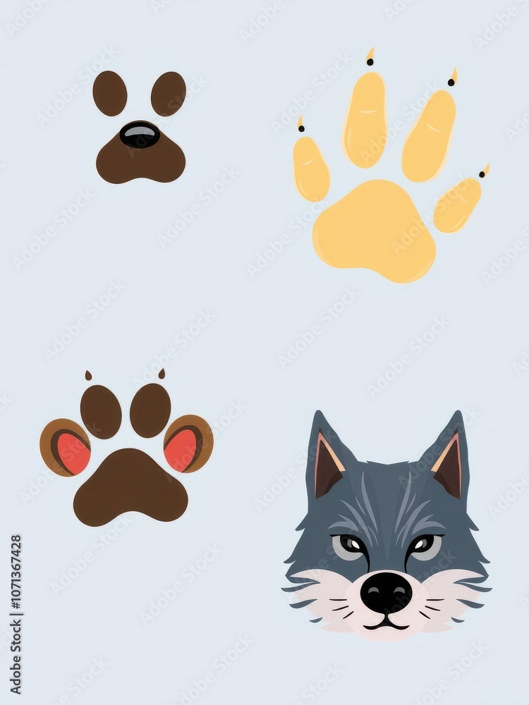 Fototapeta premium Set of unique animal paw prints including dog, cat, bear, and wolf, footsteps, pattern