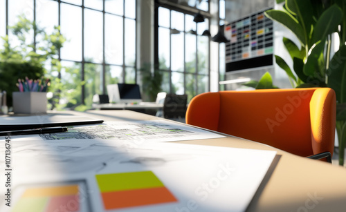 Modern office space with natural light, greenery, and creative supplies, emphasizing a fresh and inspiring work environment. photo