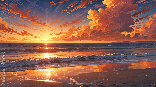 horizon, shining, sun and sea, dusk, sunset, sunrise, anime-style, illustration