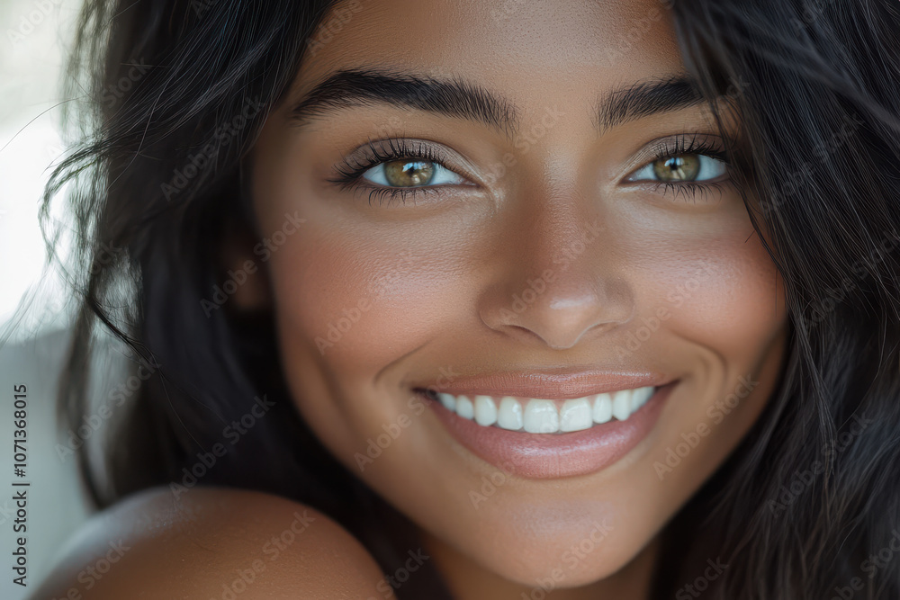 A close-up portrait of a smiling young woman with long dark hair and bright green eyes. A close-up portrait of a smiling young woman with long dark hair and bright green eyes.
