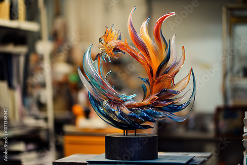 abstract colorful glass sculpture art piece on a wooden stand in a studio setting