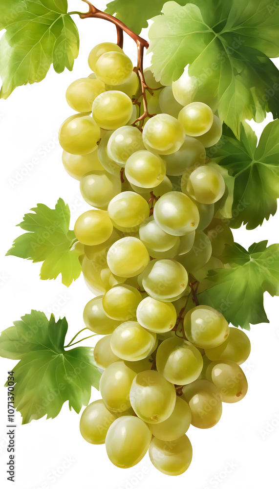 A bunch of green grapes with lush green leaves on a vine. A bunch of green grapes with lush green leaves on a vine.
