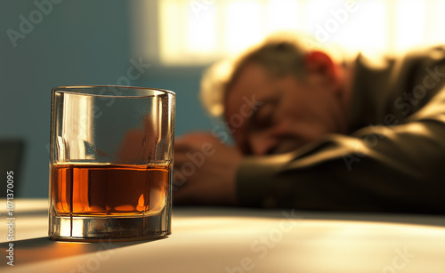 Man with his head down next to a glass of whiskey, conveying a somber mood. photo