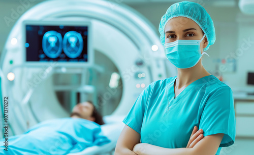 Radiologist in scrubs and mask standing by an MRI machine with a patient lying inside.