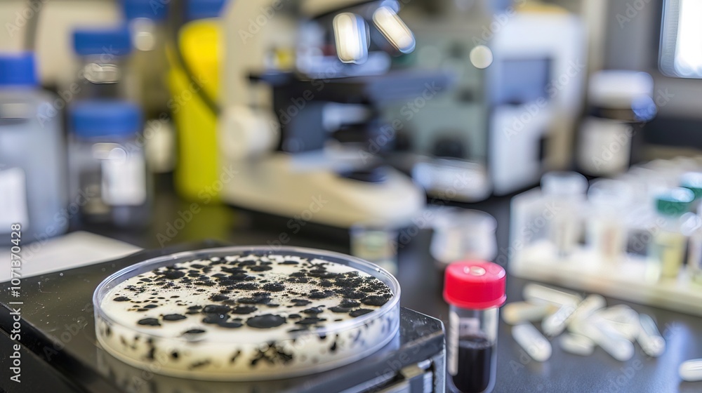 Close-up of microscope slide revealing intricate fungal spores, essential for research on fungal diseases and microbiology studies. Close-up of microscope slide revealing intricate fungal spores, essential for research on fungal diseases and microbiology studies.