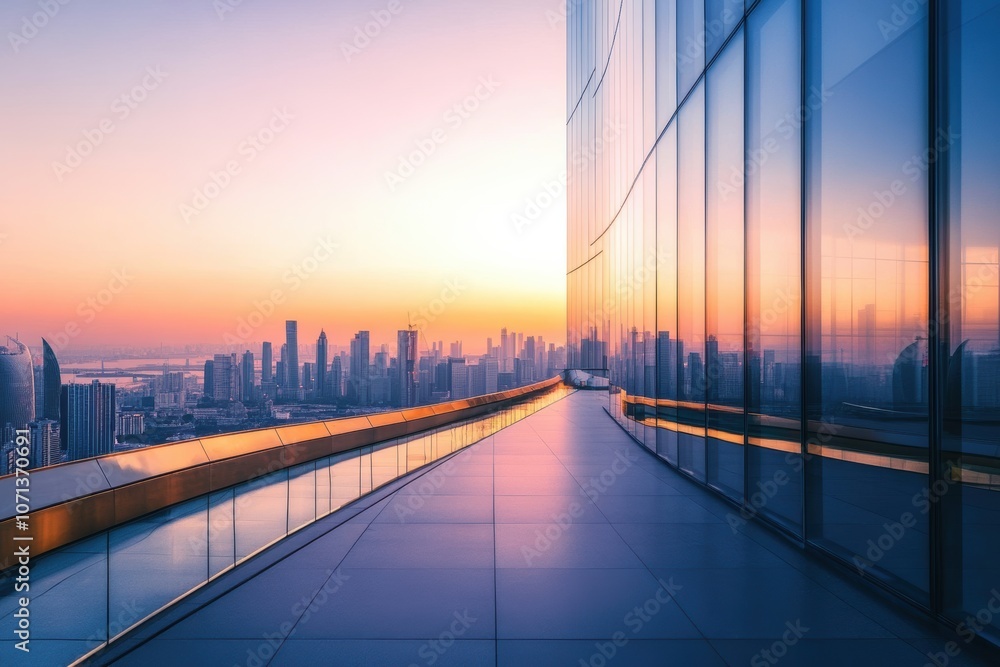 Obraz premium A futuristic office skyscraper with glass walls reflecting the sunset.