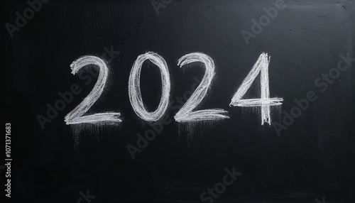 Chalkboard with the outgoing year 2024 written in white chalk on a black background