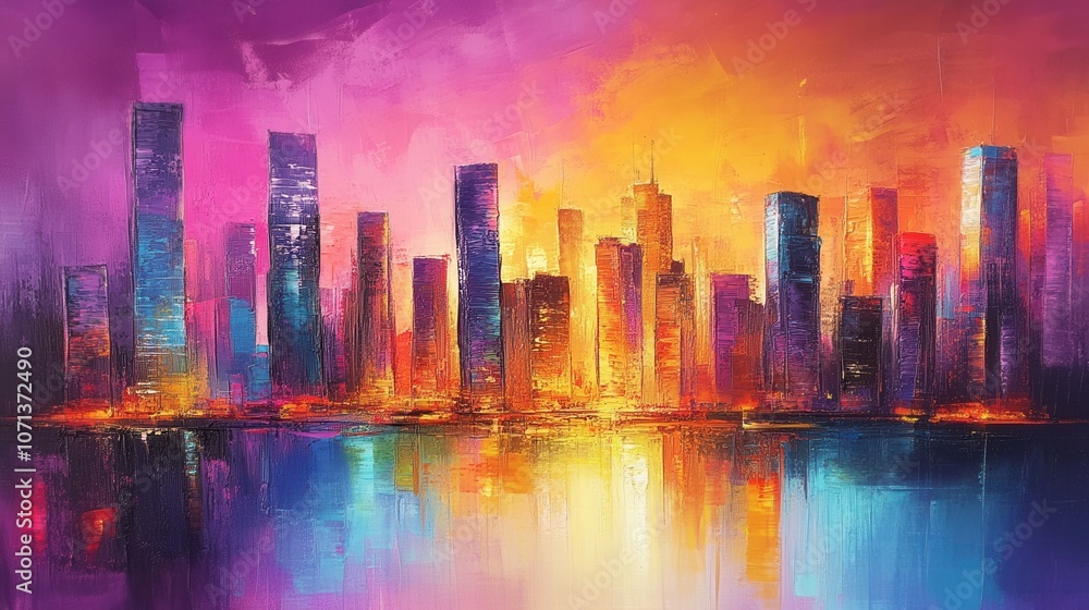 Fototapeta premium Painting of futuristic city skyline at dusk, luminous colors, modern and dynamic.