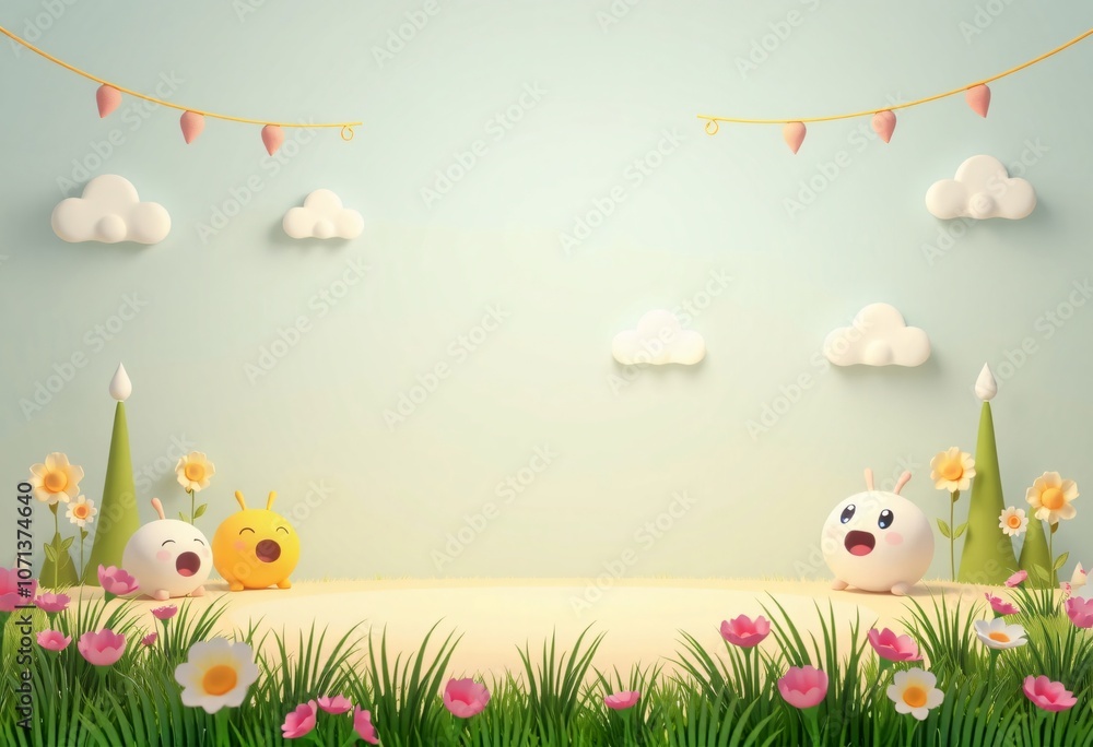 Cute cartoon characters in a grassy field with flowers and a blue sky. Cute cartoon characters in a grassy field with flowers and a blue sky.
