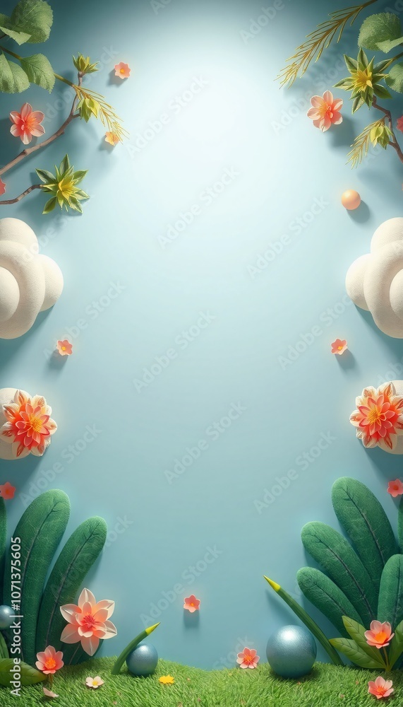 Pastel floral frame with clouds, leaves, and grass on light blue background. Pastel floral frame with clouds, leaves, and grass on light blue background.