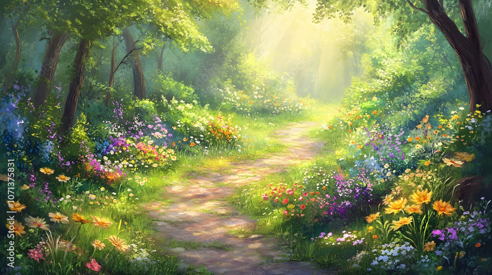 Fototapeta premium A winding path through a lush, sun-dappled forest, lined with vibrant wildflowers.