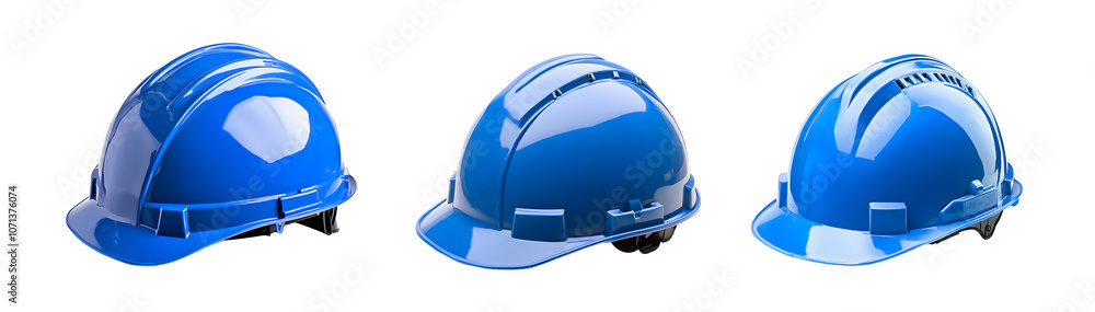Three blue hard hats, safety equipment for construction workers. Three blue hard hats, safety equipment for construction workers.