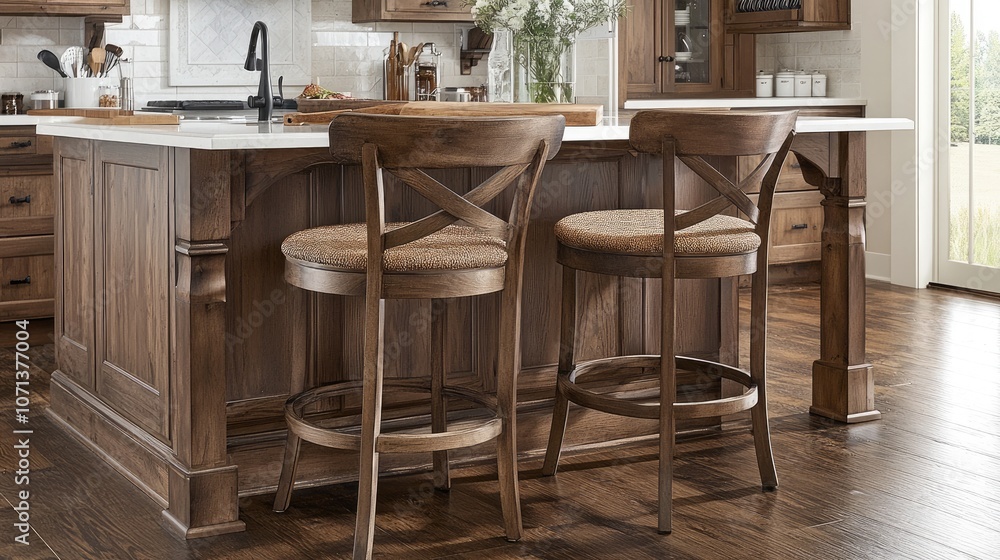 Fototapeta premium Elegant Kitchen with Wooden Island and Bar Stools