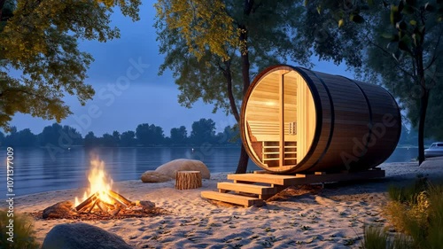 A wooden barrel sauna sits on a sandy beach by a lake with a bonfire burning nearby