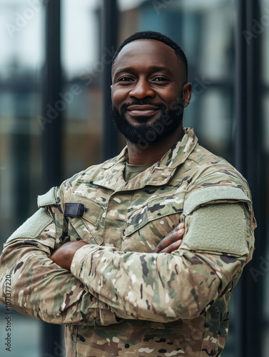 Portrait of black soldier with smile, confidence and pride at army building, arms crossed