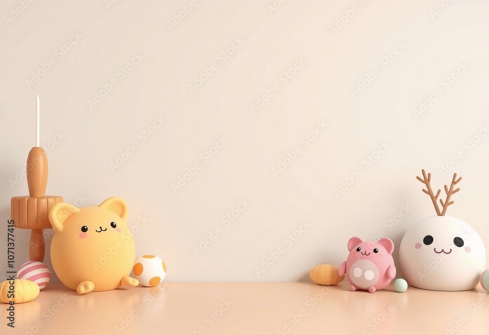 Cute cartoon animal figurines, a wooden candle holder and pastel colored eggs on a light pink table against a beige background. Cute cartoon animal figurines, a wooden candle holder and pastel colored eggs on a light pink table against a beige background.