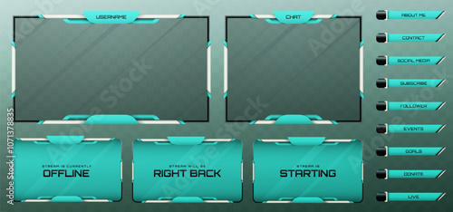 Stream Overlay Webcam Screen Frame and Stream Alert GUI Panels in Metallic Black, Silver, and Turquoise Blue Color Theme for Gaming and Live Video Streaming Platforms