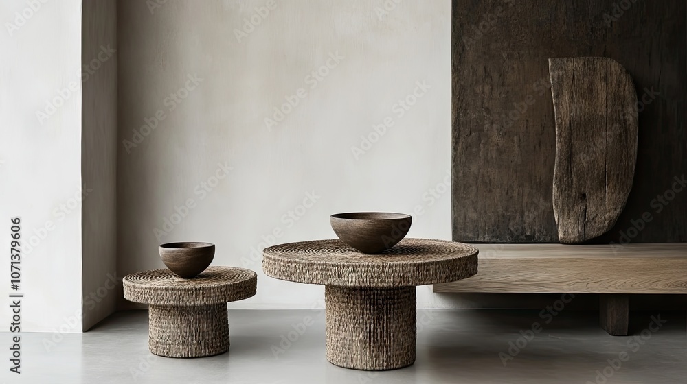 Fototapeta premium Rustic Wooden Bowls on Textured Tables in Minimalist Space