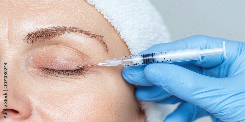 A cosmetologist gently performs a beauty procedure using a syringe around a relaxed eye area, reflecting precision and care in beauty treatments. A cosmetologist gently performs a beauty procedure using a syringe around a relaxed eye area, reflecting precision and care in beauty treatments.