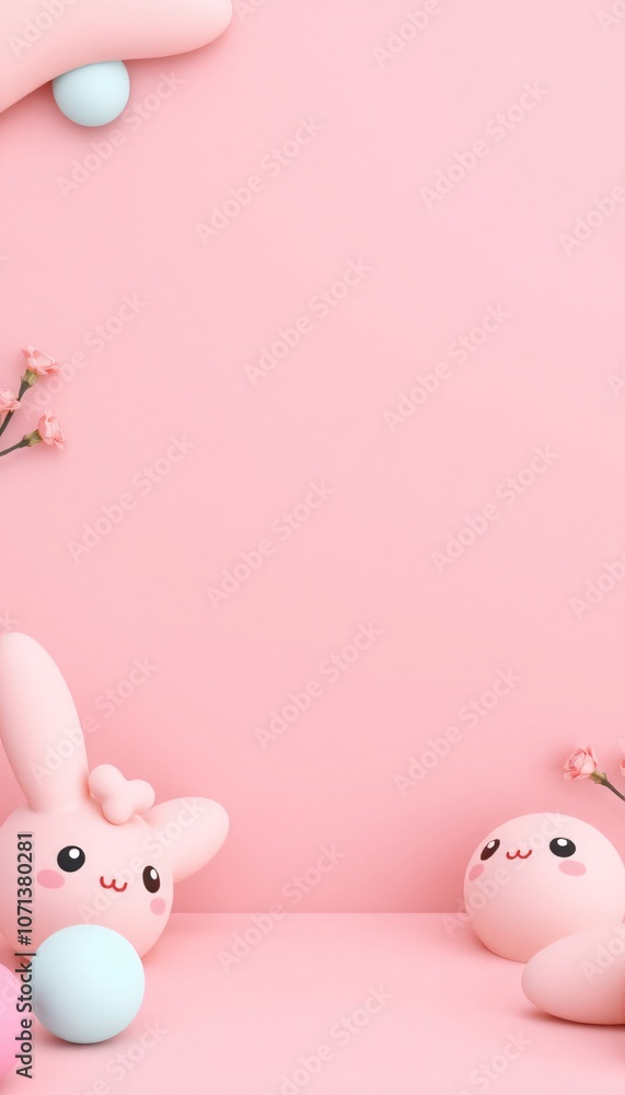 Pink bunny and eggs on a pink background with copy space. Pink bunny and eggs on a pink background with copy space.