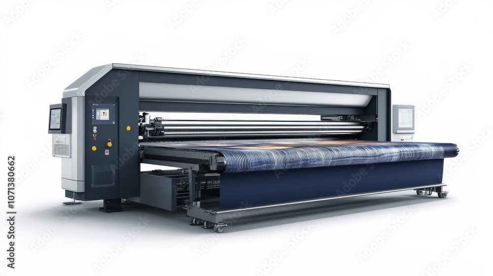 Textile Printing Machine wide shot of an industrial textile printer, on a white background Textile Printing Machine wide shot of an industrial textile printer, on a white background