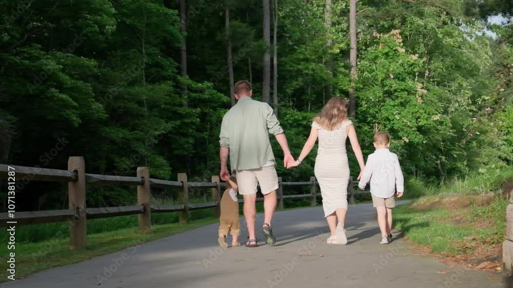 A family enjoys quality time walking hand in hand in nature A family enjoys quality time walking hand in hand in nature