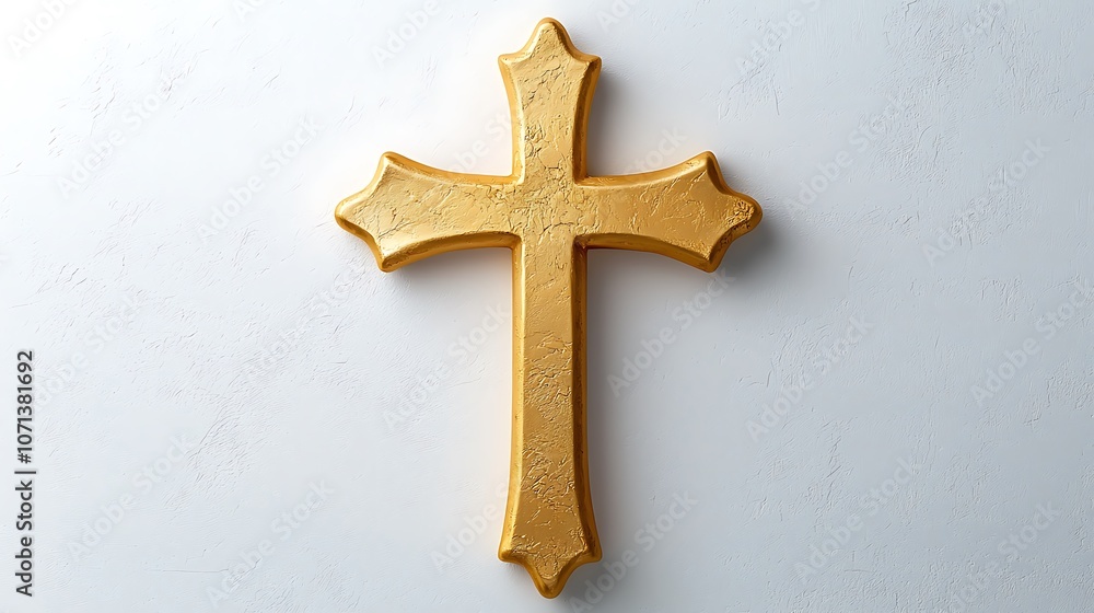 The golden cross on a white background symbolizes purity and holiness, with its elegant design and delicate craftsmanship standing out against the minimalistic backdrop The golden cross on a white background symbolizes purity and holiness, with its elegant design and delicate craftsmanship standing out against the minimalistic backdrop