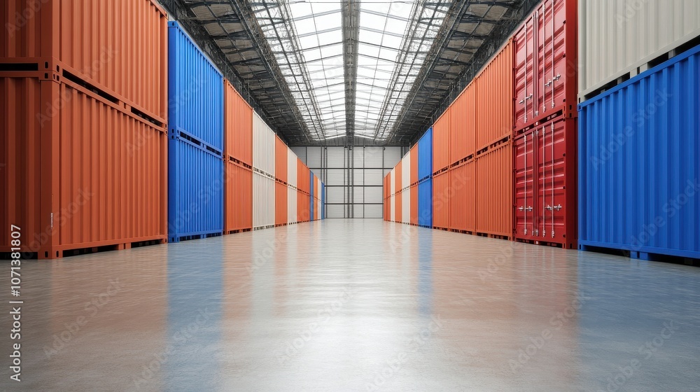 Large Warehouse Interior with Stacked Shipping Containers in Blue and ...