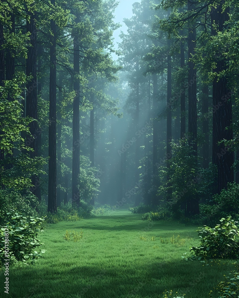 Obraz premium A serene forest scene featuring tall, lush green trees in soft focus, with sunlight streaming through the canopy, casting a tranquil glow over a grassy path.