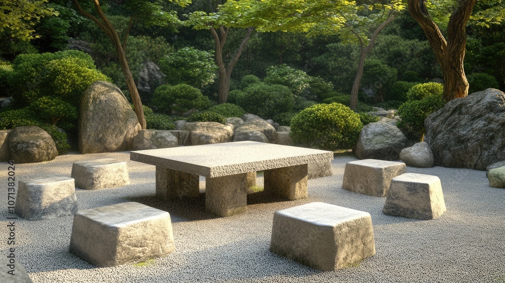 Fototapeta premium Serene Stone Table and Seating in Zen Garden