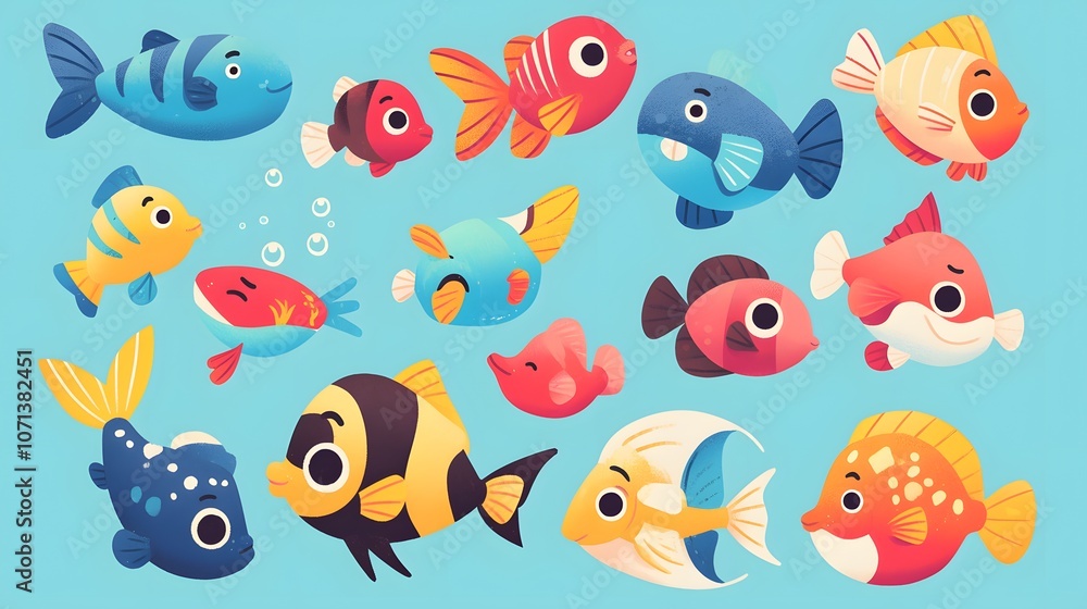 Fototapeta premium Cute fish illustration set with vibrant colors and playful expressions