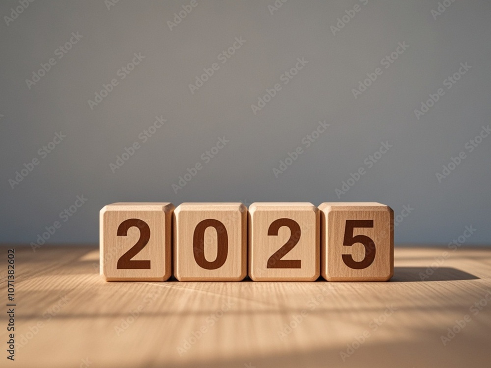 Wooden Blocks Displaying the Year 2025 on Wooden Surface with Gray Background