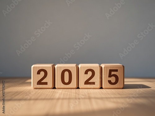 Obraz na płótnie Wooden Blocks Displaying the Year 2025 on Wooden Surface with Gray Background w salonie