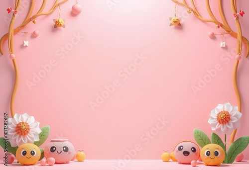 Pink and yellow cartoon characters with flowers and a pink background.