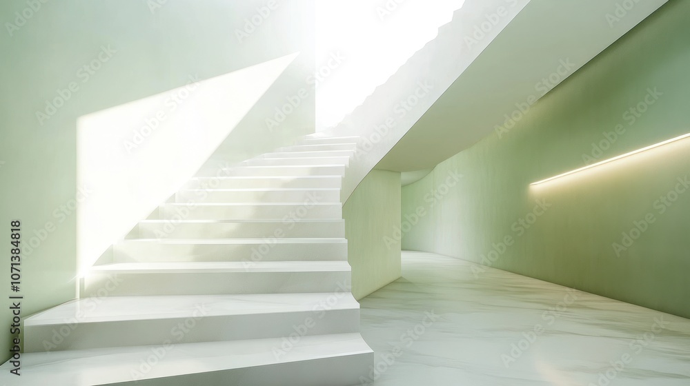 A white staircase with a light green wall in a modern building. The stairs curve to the right and lead up to a bright window. A white staircase with a light green wall in a modern building. The stairs curve to the right and lead up to a bright window.