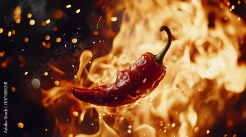 A red chili pepper levitating in a fiery inferno, surrounded by flames and sparks. photo