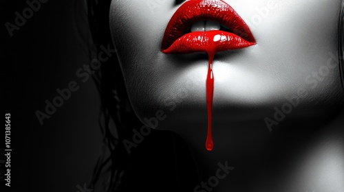 Close-up of a woman's red lips with lipstick dripping down her chin.