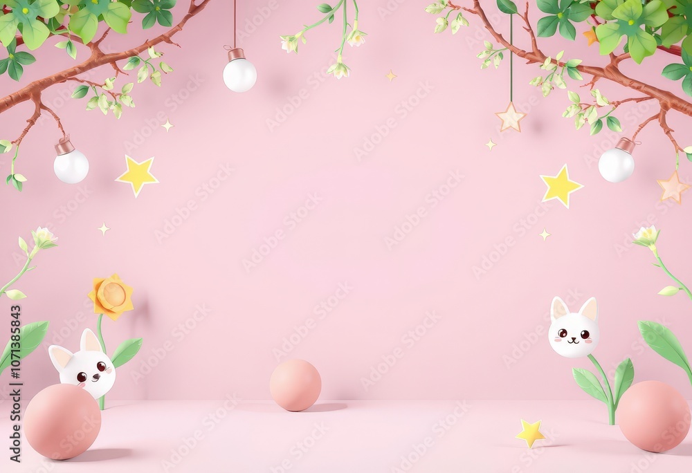 Pastel pink background with hanging lights, flowers, stars, and cute cartoon animals. Pastel pink background with hanging lights, flowers, stars, and cute cartoon animals.