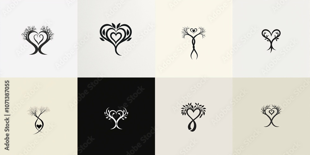 Fototapeta premium A minimalist logo design showcasing a tree silhouette intertwined with a heart, symbolizing growth and connection.