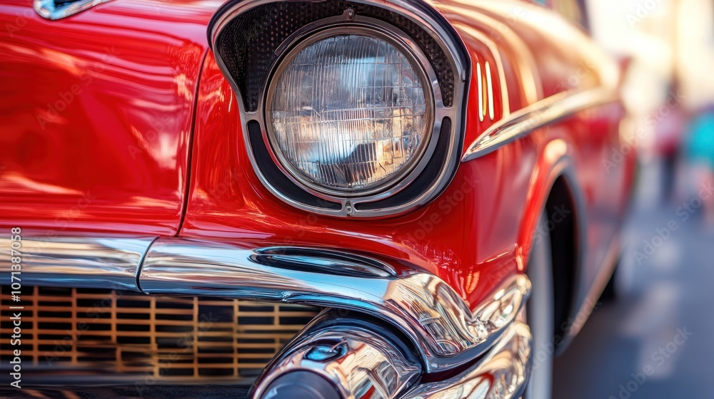 Fototapeta premium Close-up of a classic red car's chrome headlight and grill.