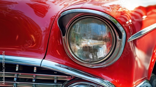 Close-up of a classic car's headlight, showcasing its vintage design and chrome accents.